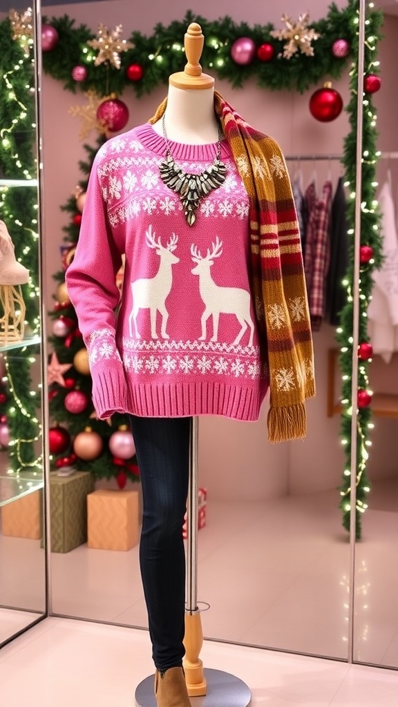 A pink Christmas sweater outfit with dark jeans and ankle boots, accessorized with festive jewelry, set against a holiday backdrop.